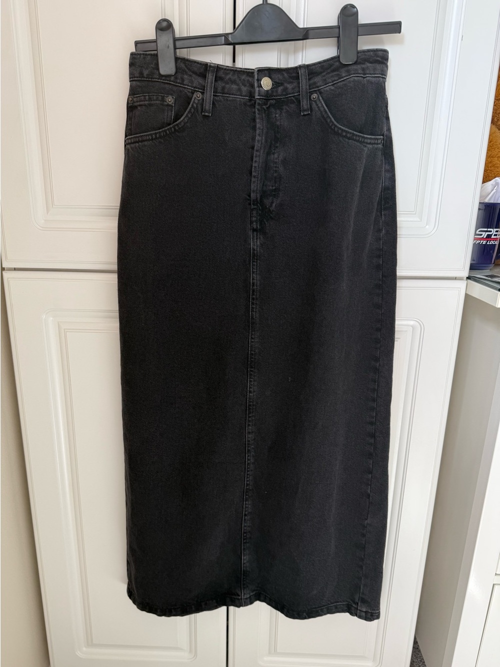 Top shop black denim midi/maxi skirt washed black size 6